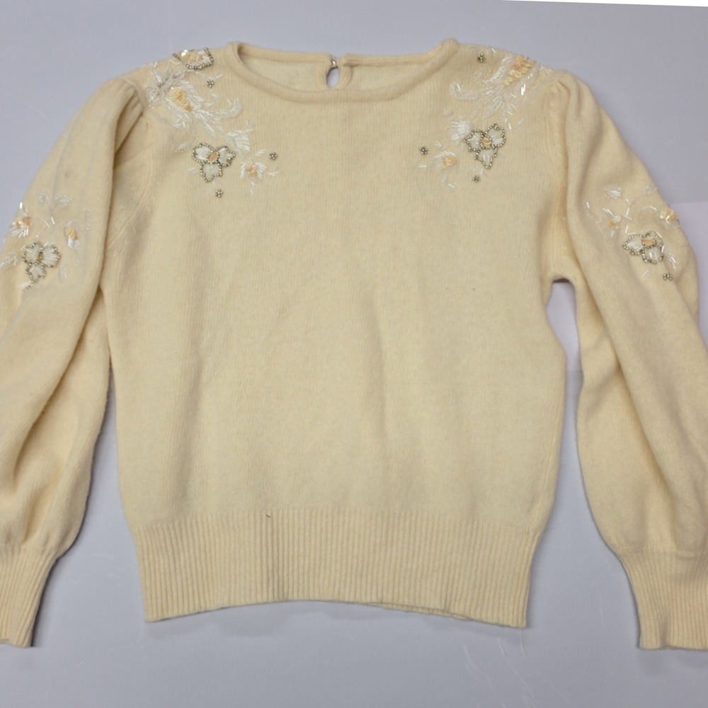 Vintage Cream Beaded Sequin Angora Wool Blend Sweater Floral Puff Sleeve Cream